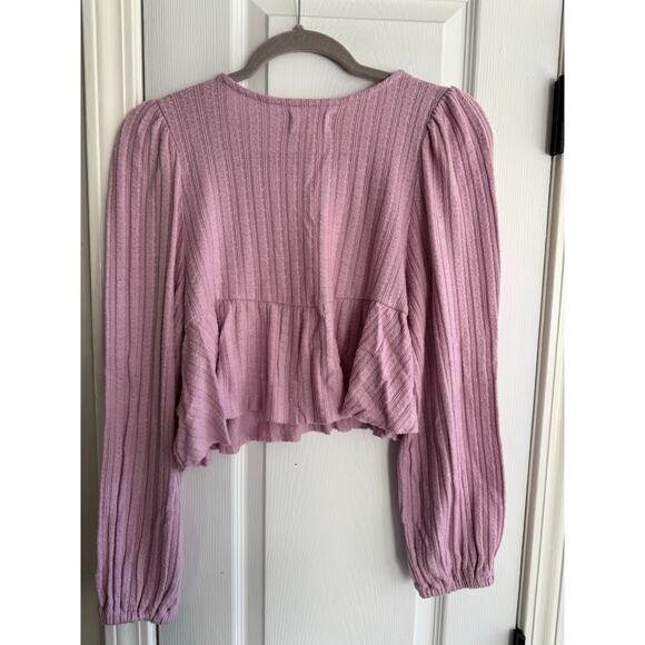 Urban Outfitters Lilac Ribbed Cropped Babydoll Peplum Long Sleeve Top size Small - Picture 7 of 7